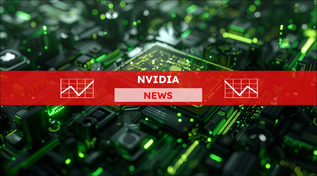 Eine Nahaufnahme eines Mikrochips in der Mitte einer Computerplatine, umgeben von einer Vielzahl von elektronischen Komponenten, die alle in grünes Licht getaucht sind, über dem Bild ist ein Nvidia NEWS-Banner