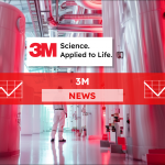 Ein Mitarbeiter in einem weißen Kittel in einem Labor, mit dem Slogan Science. Applied to Life. von 3M, mit einem 3M NEWS Banner