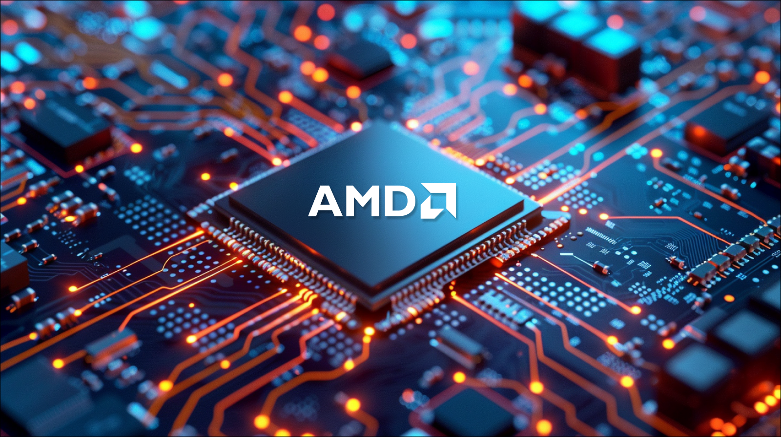 eine Nahaufnahme einer Computerplatine mit einem zentralen AMD-Prozessor und leuchtenden elektronischen Schaltkreisen.