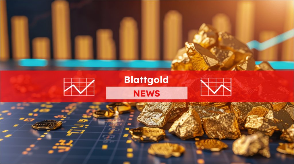 Ein Haufen Goldnuggets im Vordergrund mit einem verschwommenen finanziellen Balkendiagramm im Hintergrund, mit einem Blattgold NEWS Banner