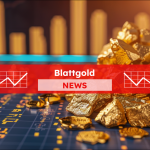 Ein Haufen Goldnuggets im Vordergrund mit einem verschwommenen finanziellen Balkendiagramm im Hintergrund, mit einem Blattgold NEWS Banner