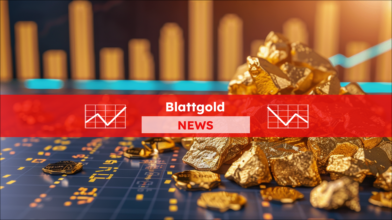 Ein Haufen Goldnuggets im Vordergrund mit einem verschwommenen finanziellen Balkendiagramm im Hintergrund, mit einem Blattgold NEWS Banner