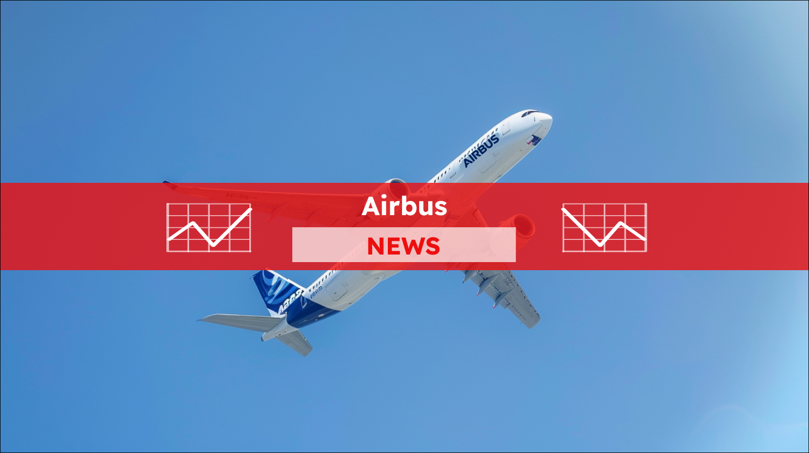 Ein Airbus-Flugzeug ist mitten im Flug vor einem klaren blauen Himmel,  mit einem Airbus NEWS Banner