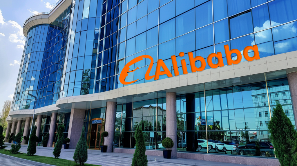 Ein Gebäude mit einer großen Glasfassade und dem Alibaba-Logo darüber.