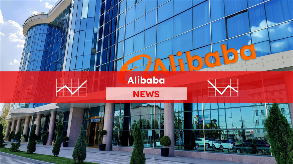 Ein Gebäude mit einer großen Glasfassade und dem Alibaba-Logo darüber, mit einem Alibaba NEWS Banner