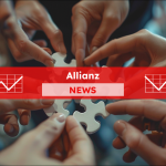 Verschiedene Hände kommen zusammen, um Puzzleteile zu einem Ganzen zu verbinden,  mit einem Allianz NEWS Banner