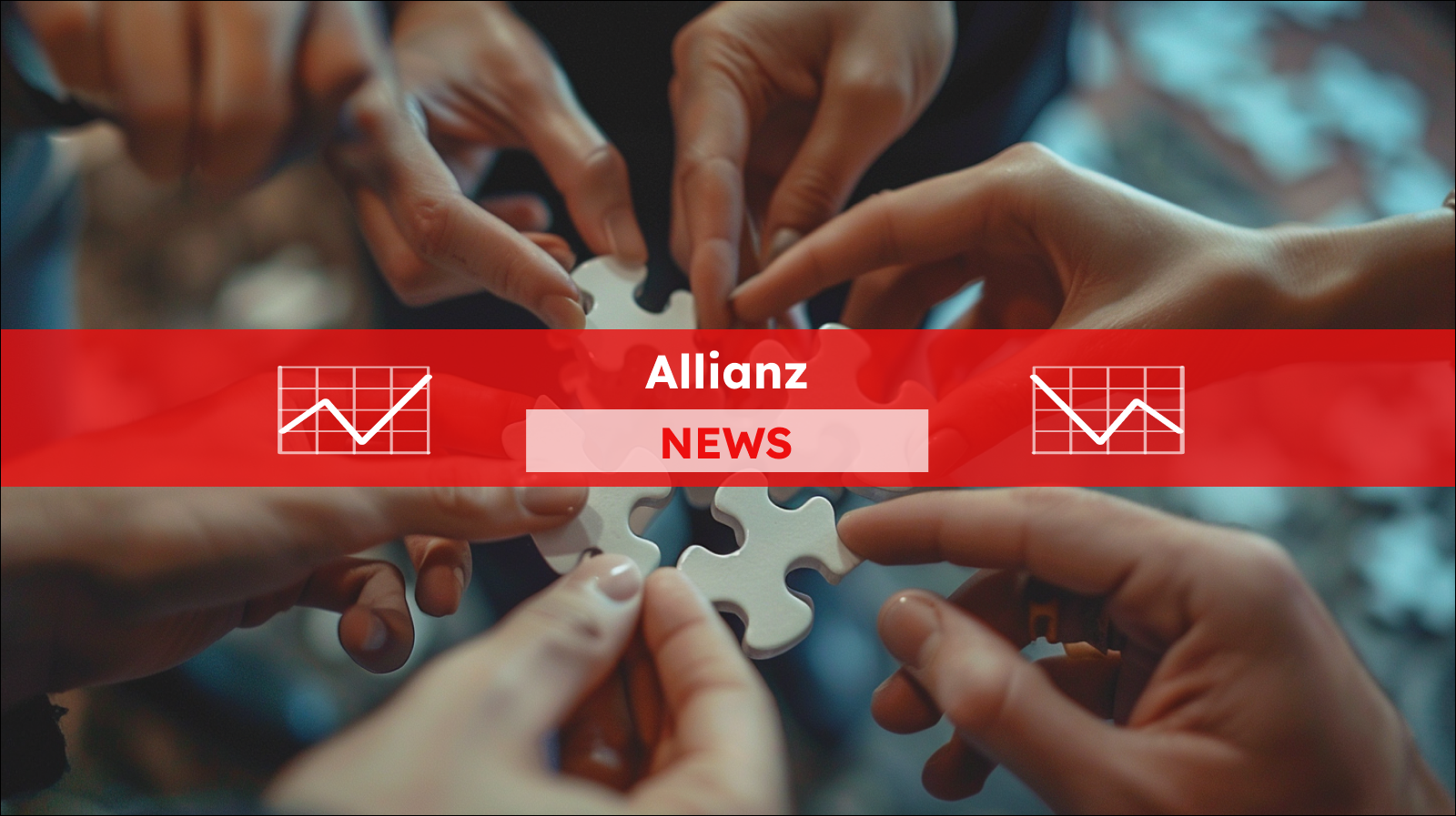 Verschiedene Hände kommen zusammen, um Puzzleteile zu einem Ganzen zu verbinden,  mit einem Allianz NEWS Banner