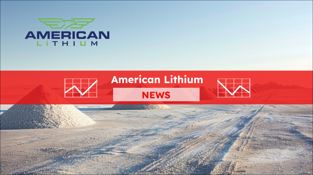 Eine Reihe von Mineralhaufen auf einer weiten Salzebene mit dem Logo von American Lithium im Himmel und Bergen in der Ferne, mit einem American Lithium NEWS Banner