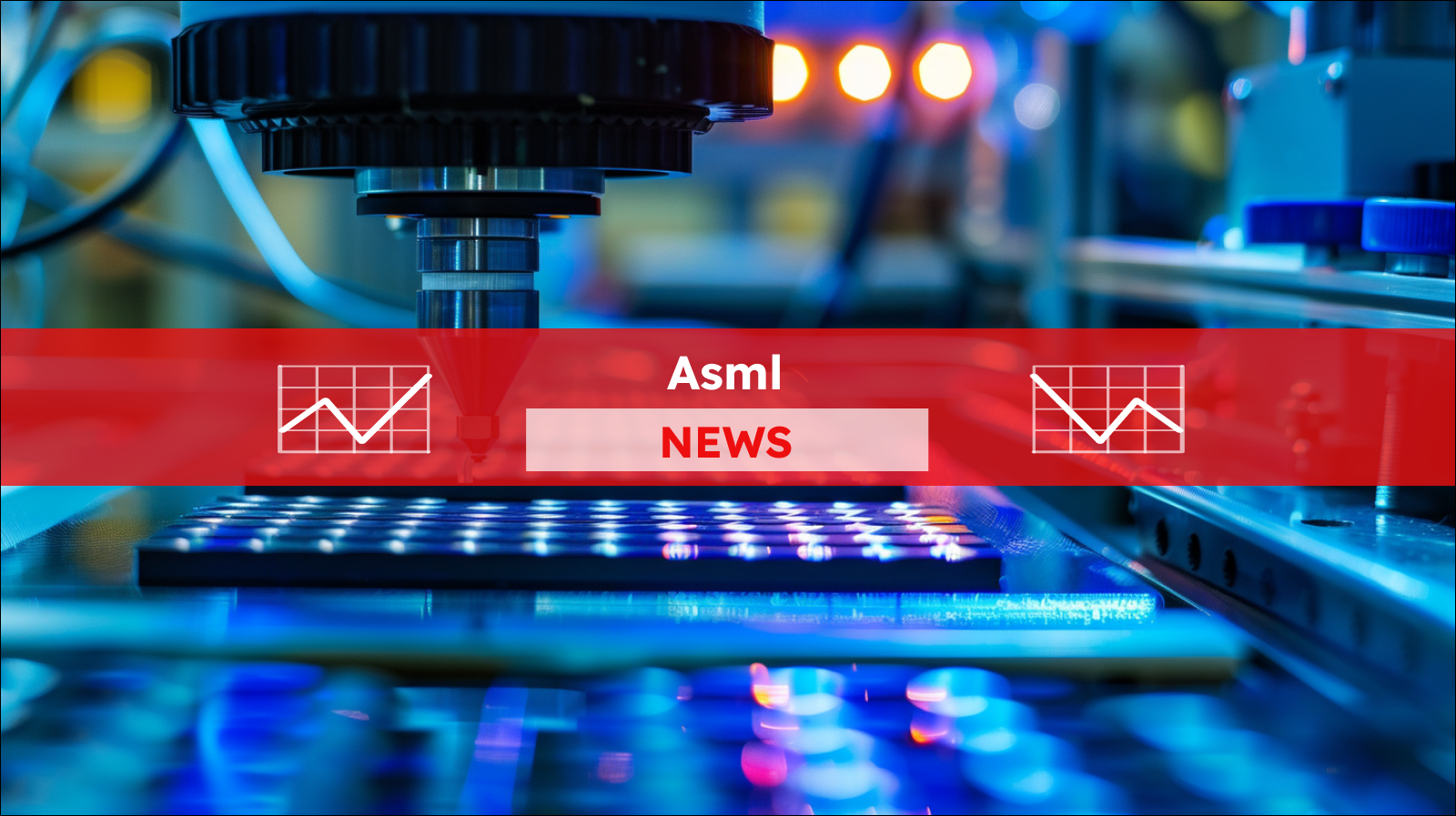 Ein Detail eines Lithographiesystems in der Halbleiterindustrie mit Fokus auf den präzisen Maschinenkopf, mit einem Asml NEWS Banner