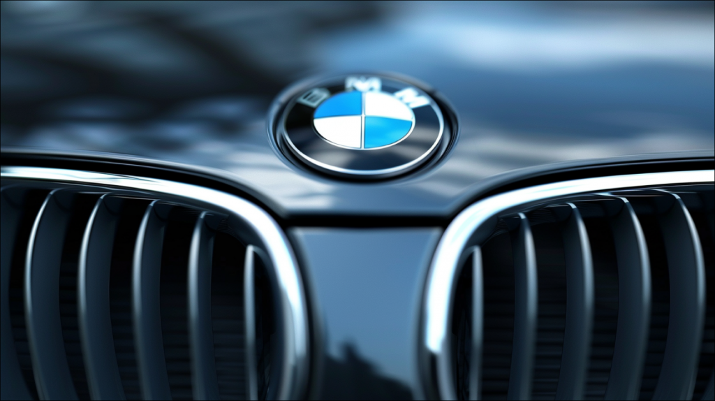 das glänzende Emblem eines BMW-Fahrzeugs in Nahaufnahme 