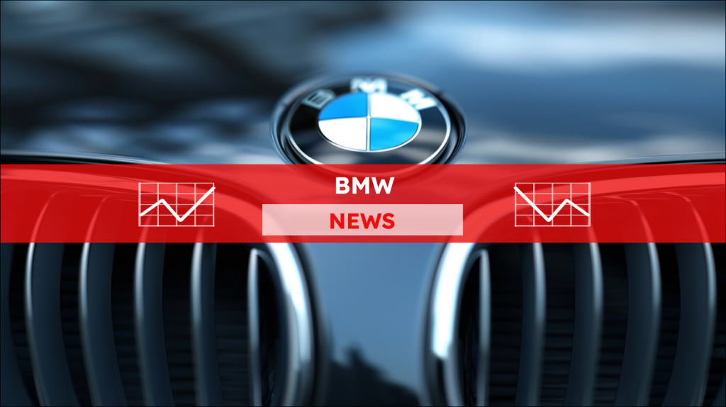 das glänzende Emblem eines BMW-Fahrzeugs in Nahaufnahme, mit einem BMW NEWS Banner