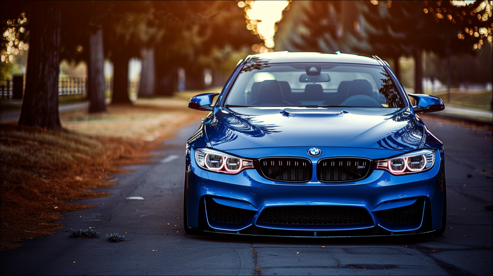 ein blaues BMW-Fahrzeug, das bei Sonnenuntergang auf einer von Bäumen gesäumten Straße parkt.