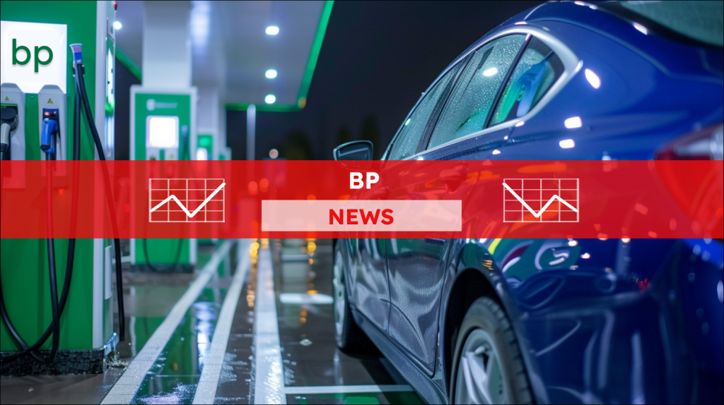 Ein blaues Auto steht an einer BP-Ladestation und ist bereit zum Aufladen,  mit einem BP NEWS Banner