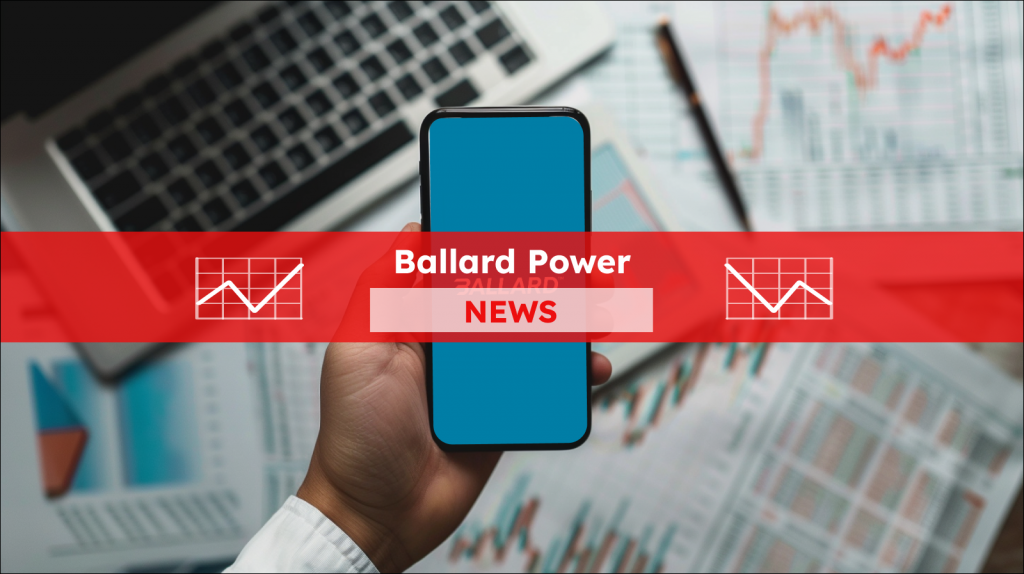 Eine Hand hält ein Smartphone mit dem Logo von Ballard Power Systems auf dem Display vor einem Hintergrund mit Finanzdiagrammen und einem Laptop,  mit einem Ballard Power NEWS Banner