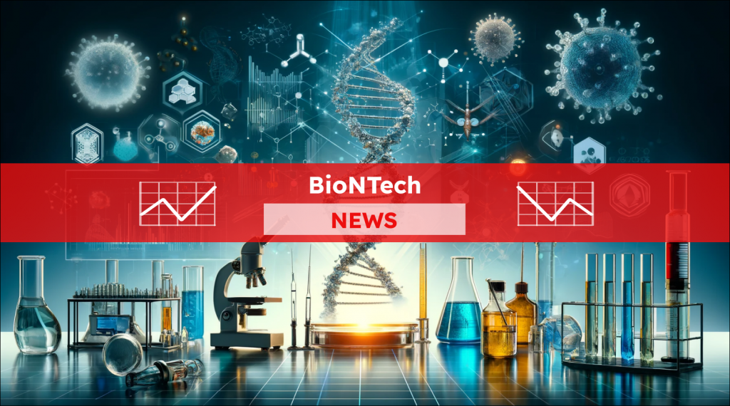 die Arbeit von BioNTech in der Biotechnologie mit DNA-Struktur, Laborausrüstung und wissenschaftlichen Motiven auf blauem High-Tech-Hintergrund.