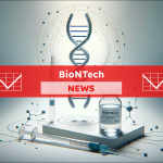 Eine DNA-Helix, eine BioNTech-Impfstoffflasche und eine Spritze vor einem blauen Hintergrund, mit einem BioNTech NEWS Banner.