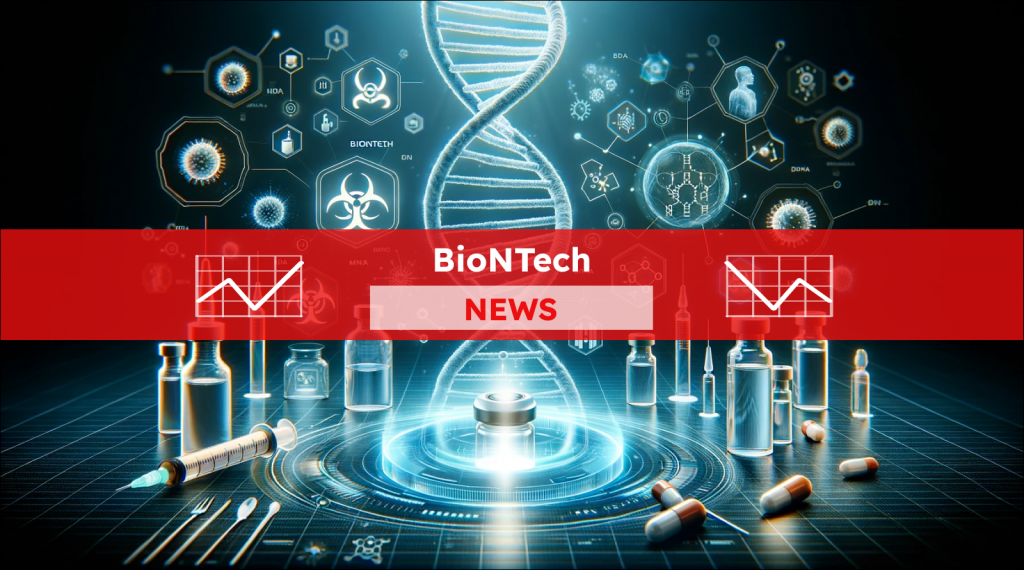 eine DNA-Helix, Laborutensilien und schematische wissenschaftliche Symbole auf einem technologischen Hintergrund,  mit einem BioNTech NEWS Banner