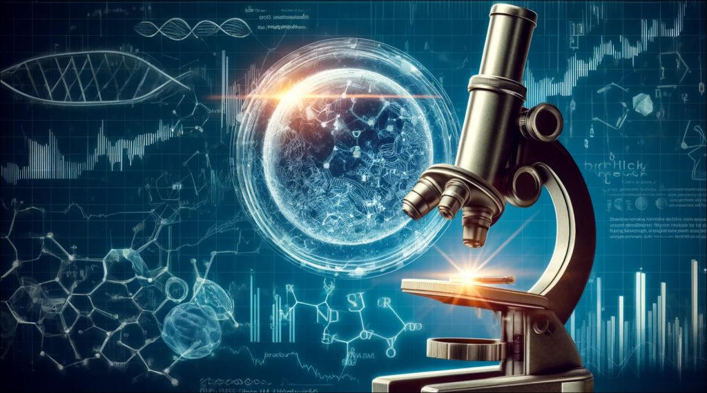 in Mikroskop mit einer visualisierten Zelle und DNA, umgeben von wissenschaftlichen Diagrammen auf einem blauen Hintergrund.