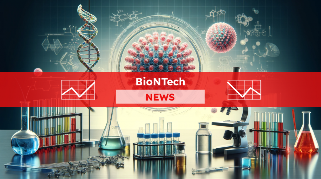 eine DNA-Helix, ein Virusmodell, ein Mikroskop und Reagenzgläser, Symbole für biotechnologische Forschung,  mit einem BioNTech NEWS Banner