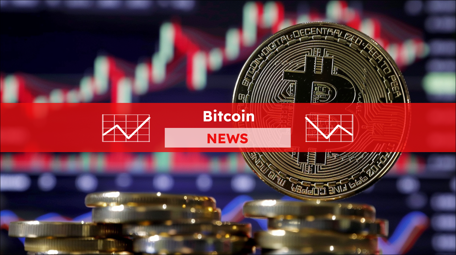 Bitcoin, Aktiendiagramm im Hintergrund,  mit einem Bitcoin NEWS Banner