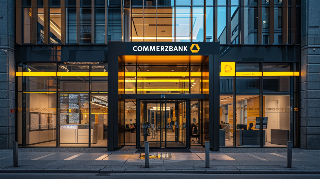 Eingangstür einer Commerzbank-Filiale am Abend mit dem gelben Logo und Schriftzug.