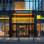 Eingangstür einer Commerzbank-Filiale am Abend mit dem gelben Logo und Schriftzug.