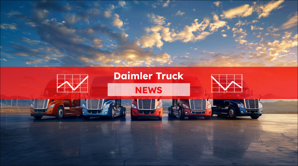 Eine Flotte von bunten Daimler-Lkw geparkt auf einer Asphaltfläche bei Sonnenuntergang, mit einem Daimler Truck NEWS Banner