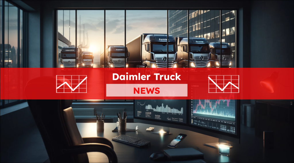 Ein Büro mit Blick auf einen Daimler Truck Fuhrpark im Abendlicht, im Vordergrund sind Börsenmonitore zu sehen, mit einem Daimler Truck NEWS Banner