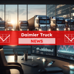 Ein Büro mit Blick auf einen Daimler Truck Fuhrpark im Abendlicht, im Vordergrund sind Börsenmonitore zu sehen, mit einem Daimler Truck NEWS Banner