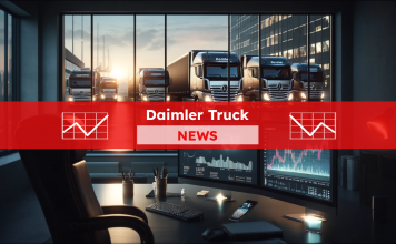 Ein Büro mit Blick auf einen Daimler Truck Fuhrpark im Abendlicht, im Vordergrund sind Börsenmonitore zu sehen, mit einem Daimler Truck NEWS Banner