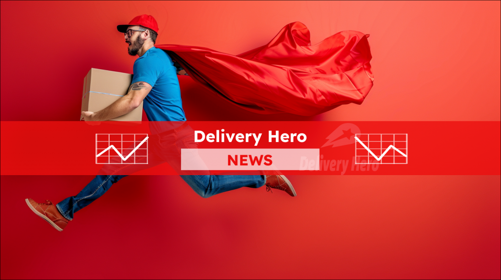 Ein Mann im Laufschritt mit rotem Umhang und Paket in der Hand vor einem roten Hintergrund mit dem Logo Delivery Hero,  mit einem Delivery Hero NEWS Banner