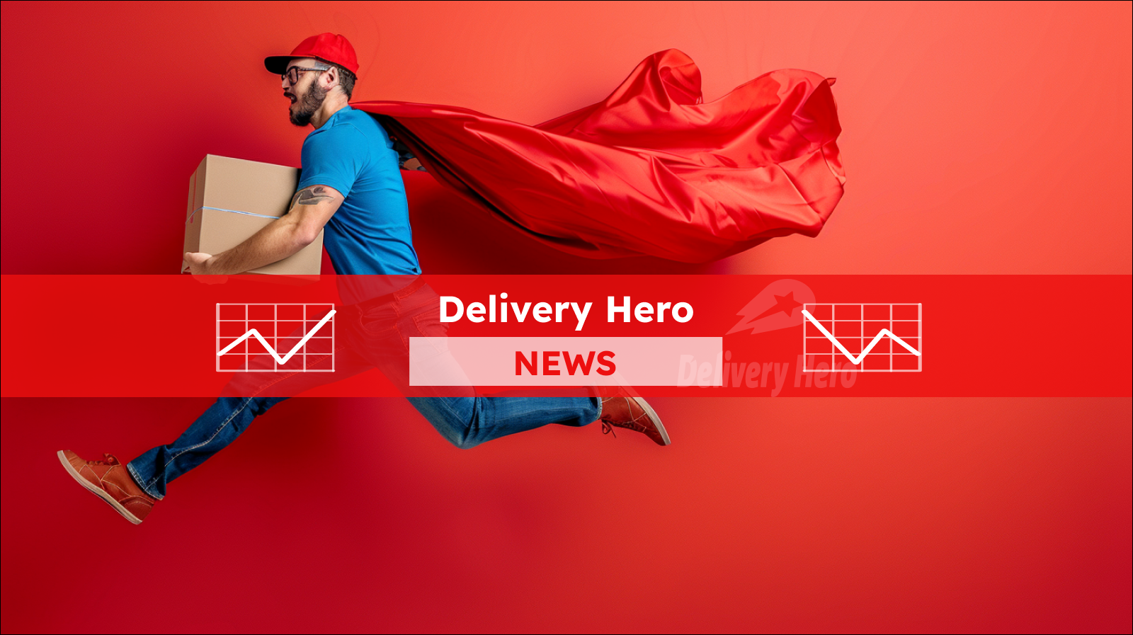 Ein Mann im Laufschritt mit rotem Umhang und Paket in der Hand vor einem roten Hintergrund mit dem Logo Delivery Hero,  mit einem Delivery Hero NEWS Banner