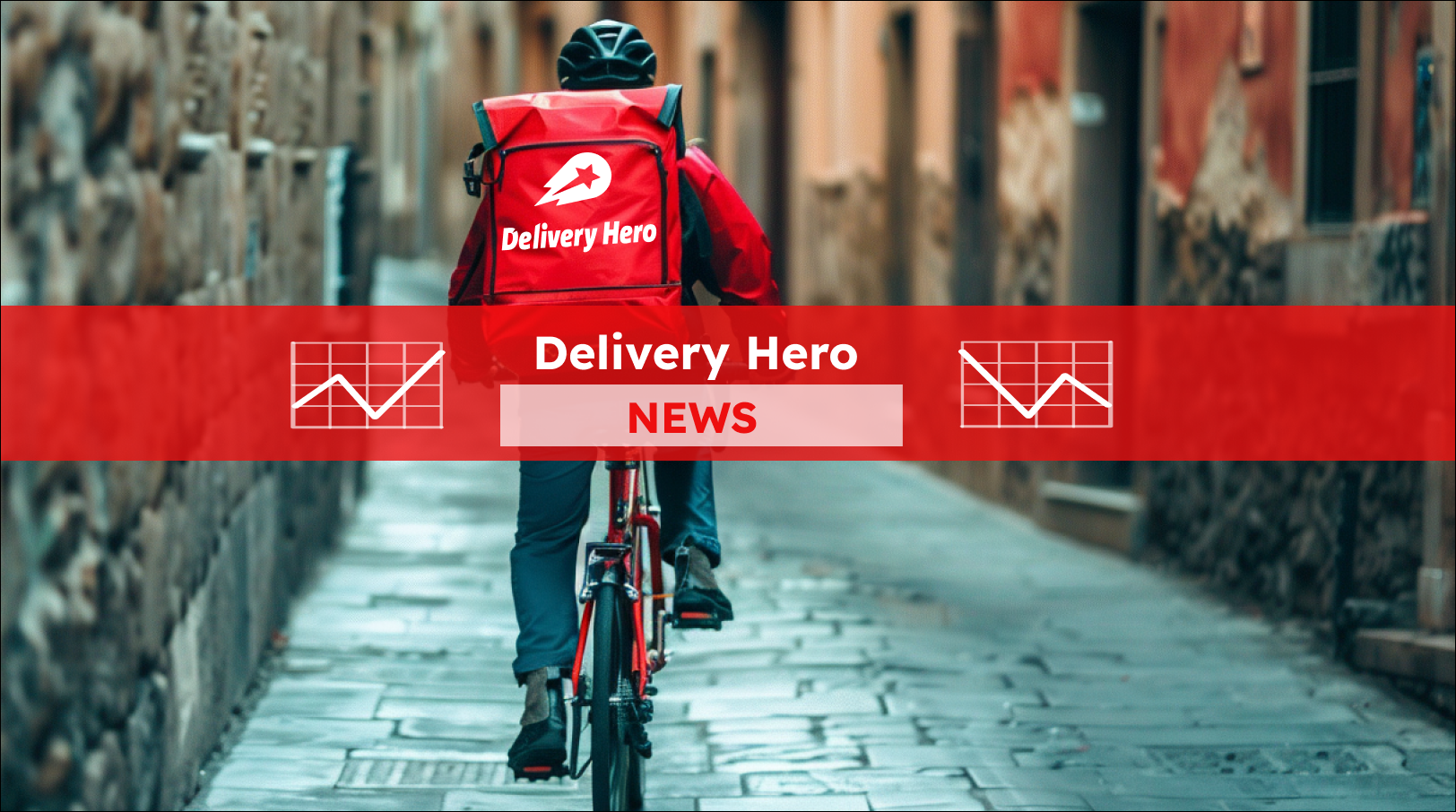Ein Fahrradkurier mit einem roten Delivery Hero Rucksack, mit einem Delivery Hero NEWS Banner