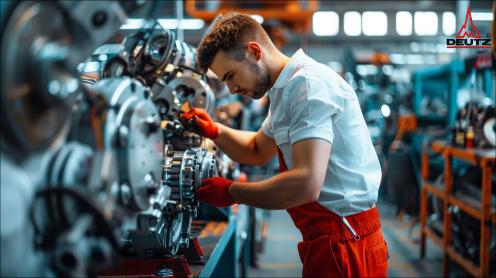 Ein Mechaniker in weißem Hemd und roter Hose arbeitet konzentriert an einem komplexen Maschinenmotor in einer Industriewerkstatt.