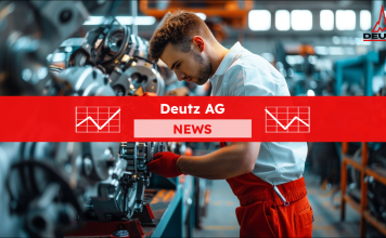 Ein Mechaniker in weißem Hemd und roter Hose arbeitet konzentriert an einem komplexen Maschinenmotor in einer Industriewerkstatt, mit einem Deutz AG  NEWS Banner