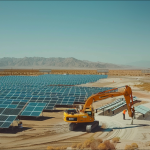 Eine Solarfarm in der Wüste mit einer Planierraupe im Vordergrund und Bergen im Hintergrund