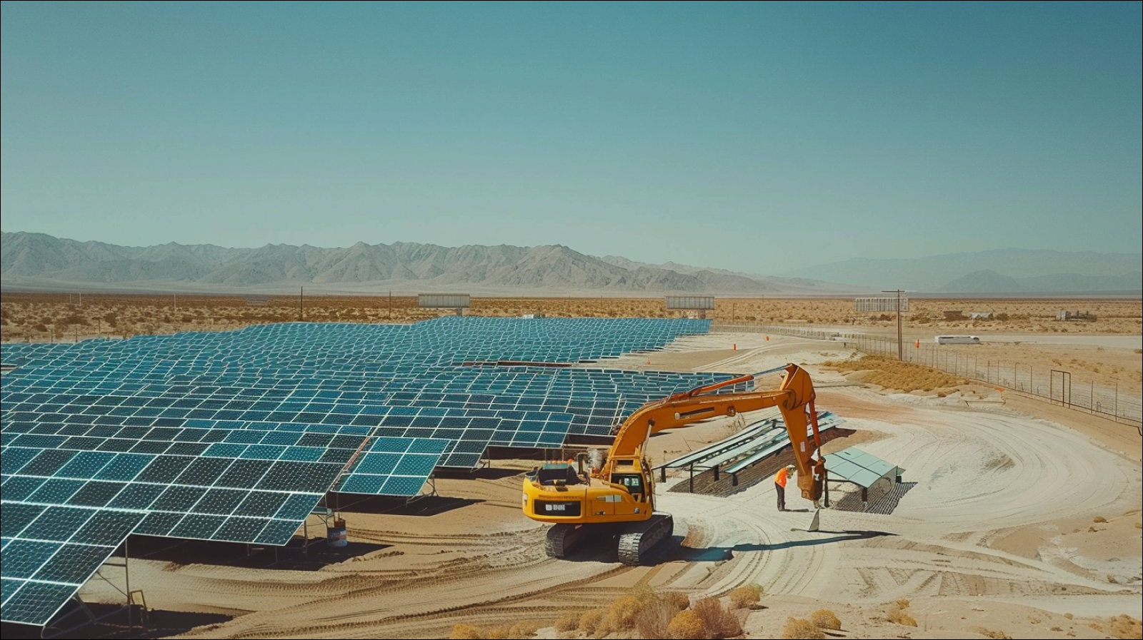 Eine Solarfarm in der Wüste mit einer Planierraupe im Vordergrund und Bergen im Hintergrund