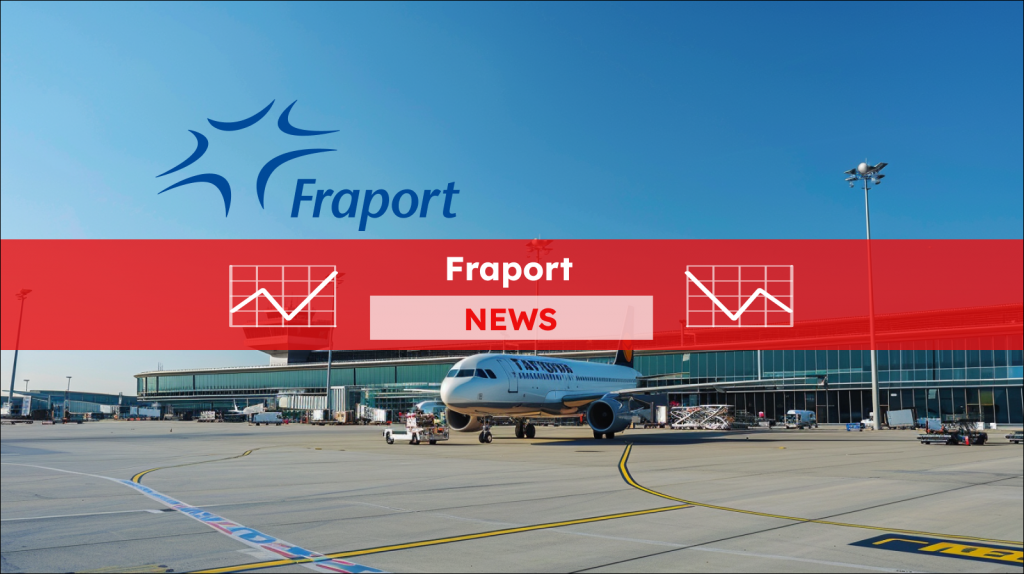 ein kommerzielles Flugzeug vor einem Flughafenterminal  unter einem klaren blauen Himmel, mit einem Fraport NEWS Banner