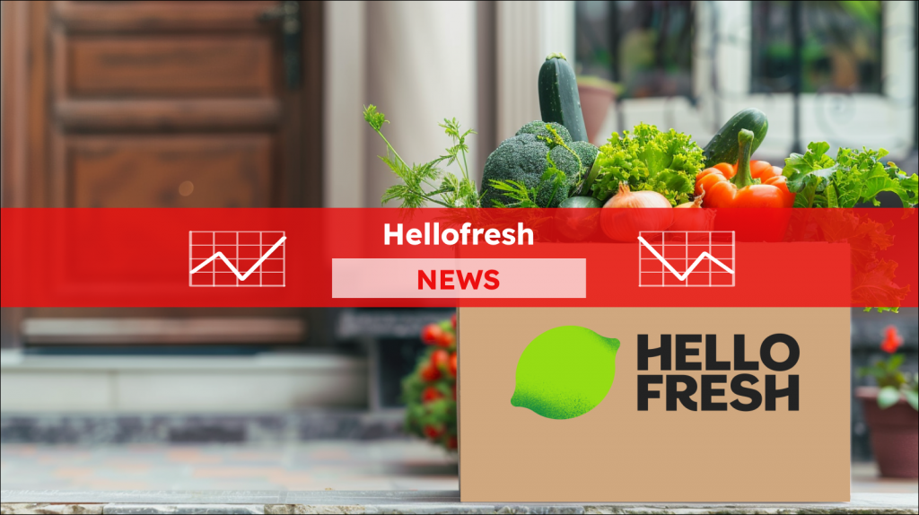 Ein Paketkasten mit frischem Gemüse steht vor der Tür, mit einem Hellofresh NEWS Banner