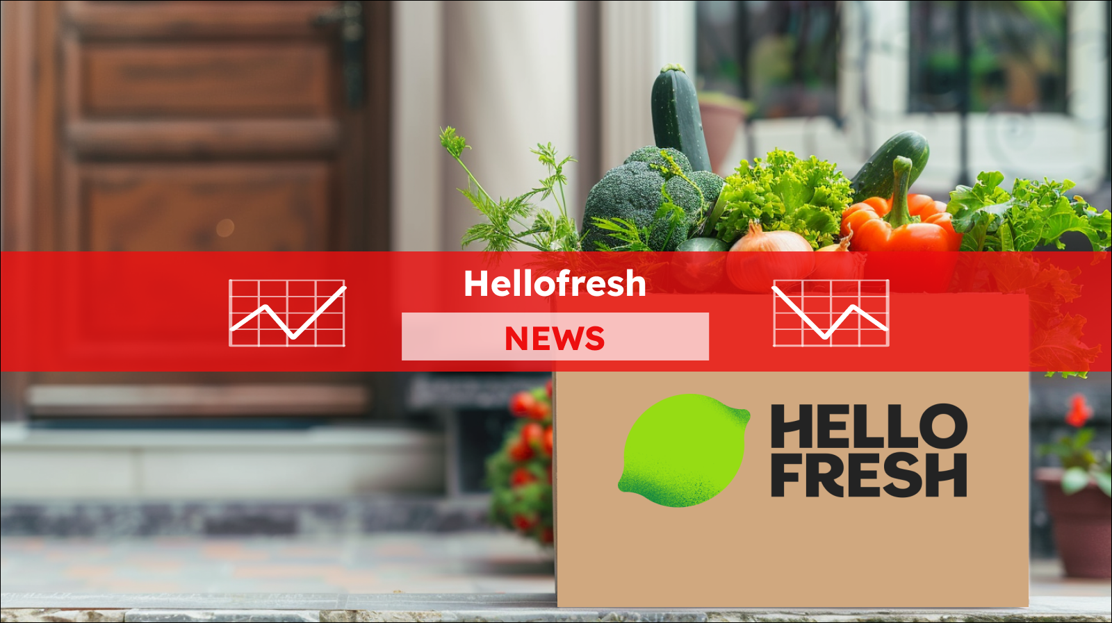 Ein Paketkasten mit frischem Gemüse steht vor der Tür, mit einem Hellofresh NEWS Banner