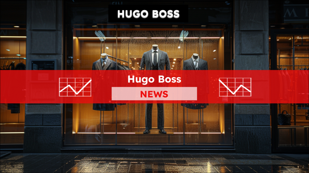 eine Schaufensterauslage von HUGO BOSS mit eleganten Herrenanzügen, beleuchtet durch warmes Licht, , mit einem Hugo Boss NEWS Banner