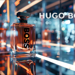 einen Parfümflakon von HUGO BOSS, der auf einer glänzenden Oberfläche steht