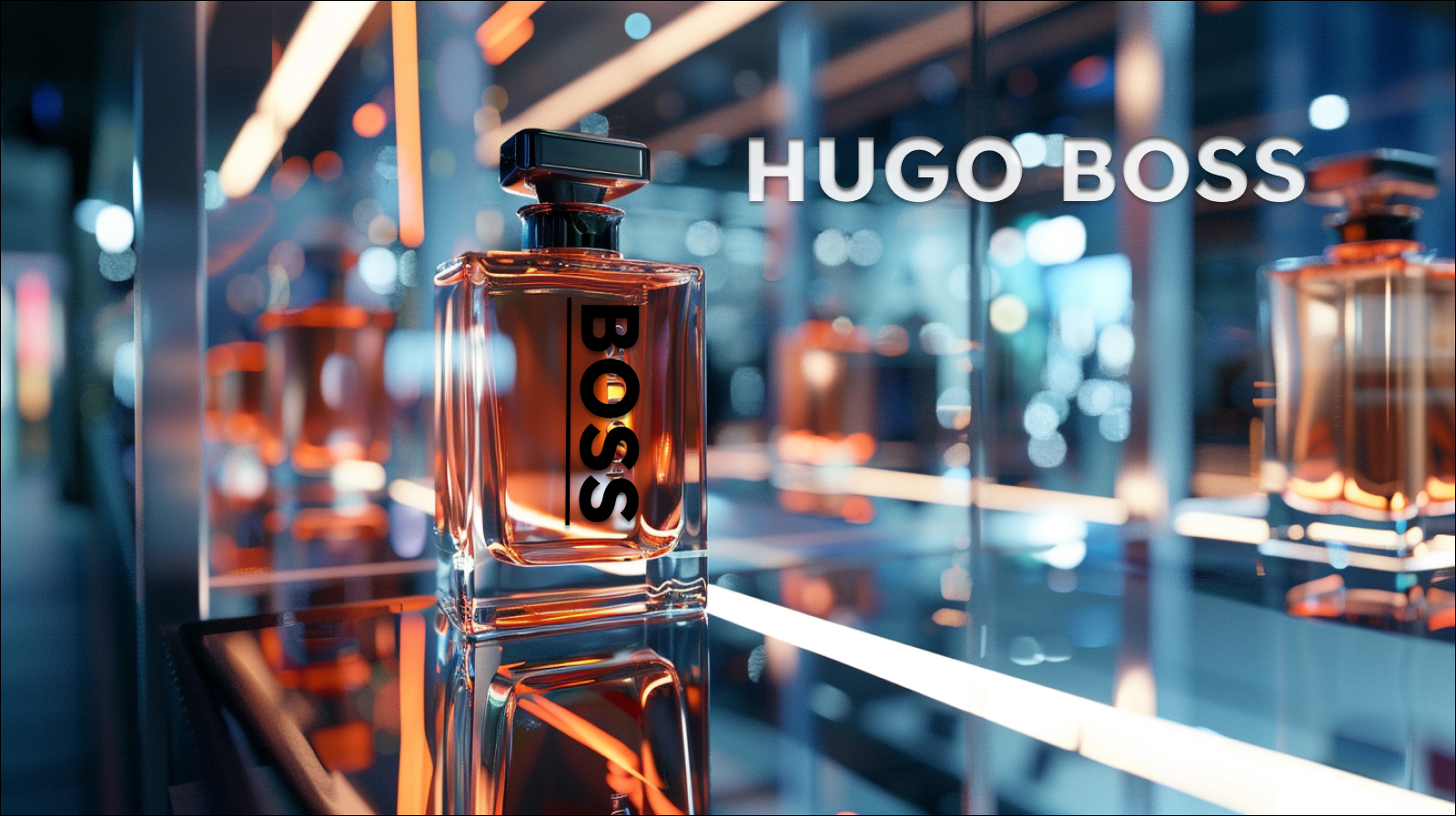 einen Parfümflakon von HUGO BOSS, der auf einer glänzenden Oberfläche steht