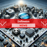 Ein Computer-Motherboard mit einem zentralen Chip, der das Infineon-Logo trägt, mit einem Infineon NEWS Banner.