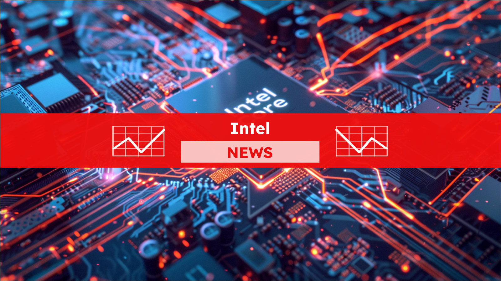 eine Zentraleinheit mit der Aufschrift Intel Core, umgeben von einem digitalen Schaltkreisdesign, mit einem Intel NEWS Banner