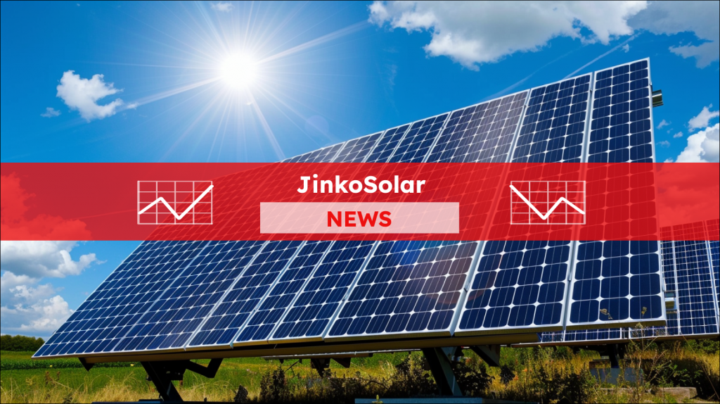 Solarmodulen auf einem Feld unter einem strahlend blauen Himmel mit der Sonne, mit einem JinkoSolar NEWS Banner