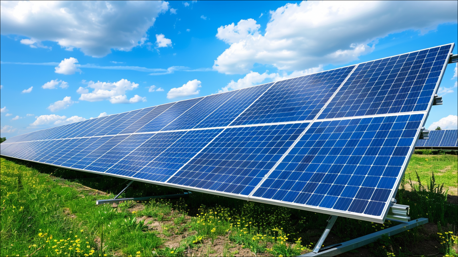 Solarmodulen auf einem Feld unter einem strahlend blauen Himmel mit der Sonne