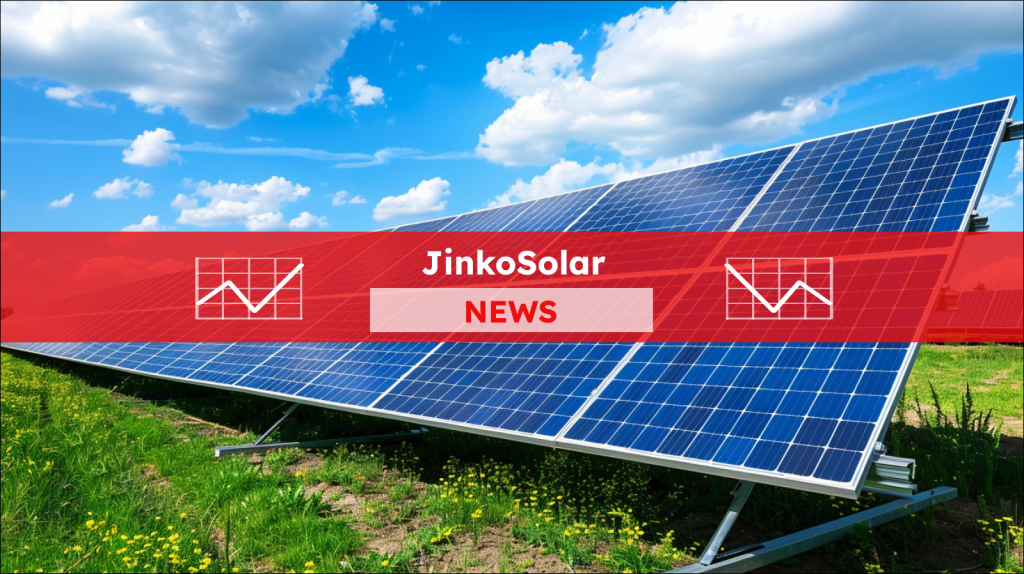 Solarmodulen auf einem Feld unter einem strahlend blauen Himmel mit der Sonne, mit einem JinkoSolar NEWS Banner