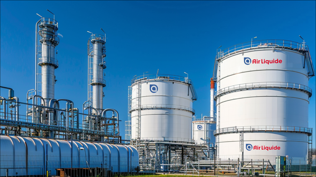 weiße industrielle Gasspeichertanks mit dem Logo von Air Liquide unter einem klaren blauen Himmel.