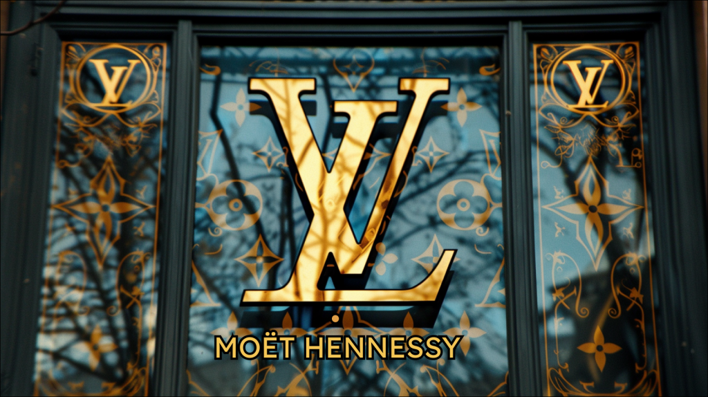 Eine goldene Logo von Louis Vuitton auf einem Fenster mit dekorativen Mustern, mit der Aufschrift Moët Hennessy darunter